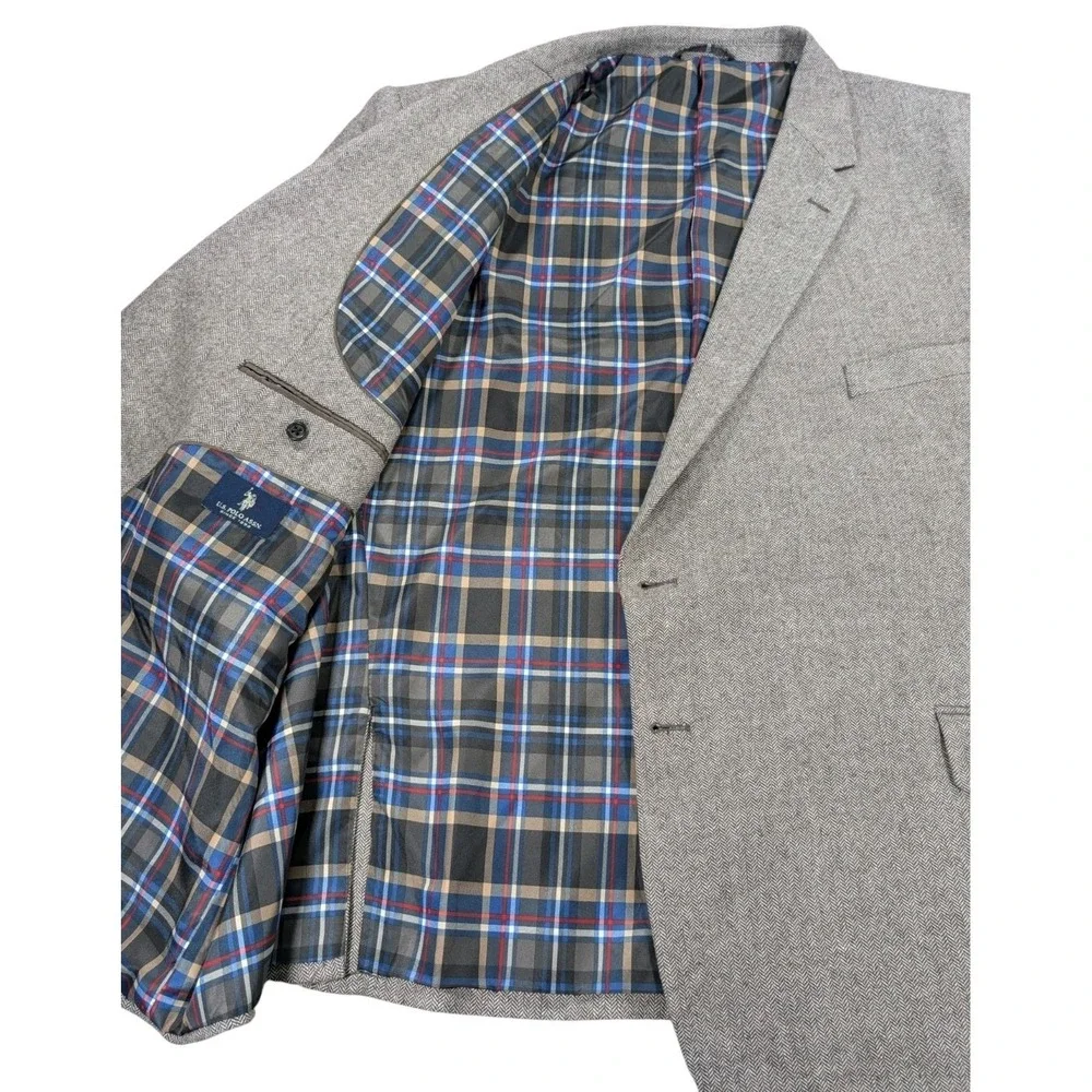 US Polo Assn Herringbone Tweed Blazer Mens 56R Gray Plaid Lined Sport Coat